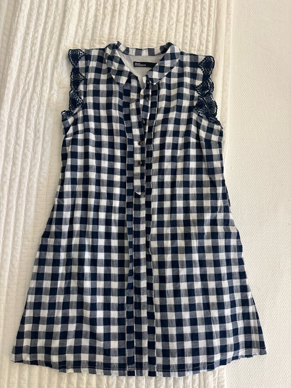 dear creatures Navy and White Gingham Button-Front Dress with Lace Sleeves